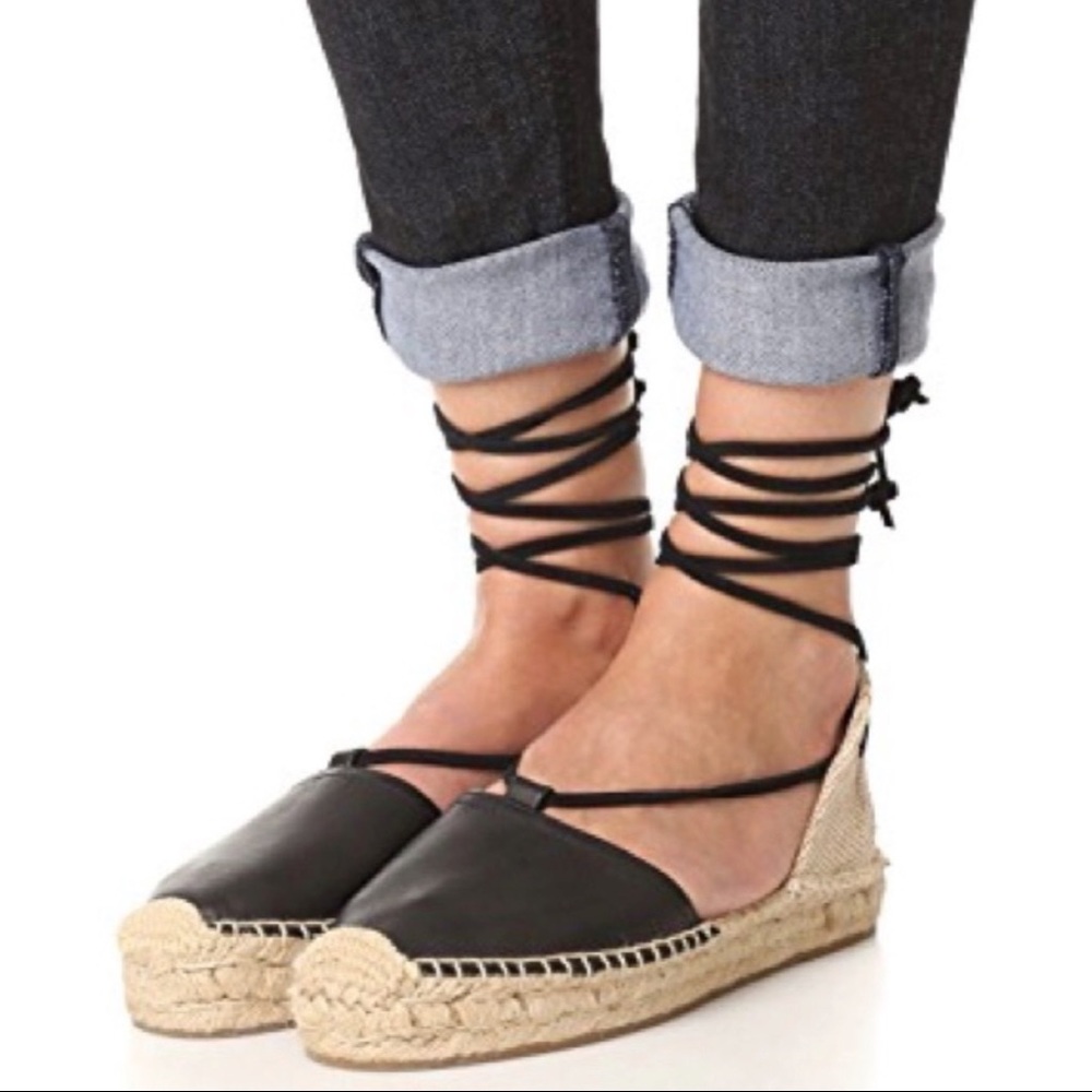 Soludos Black Leather Lace Up Espadrille Flats